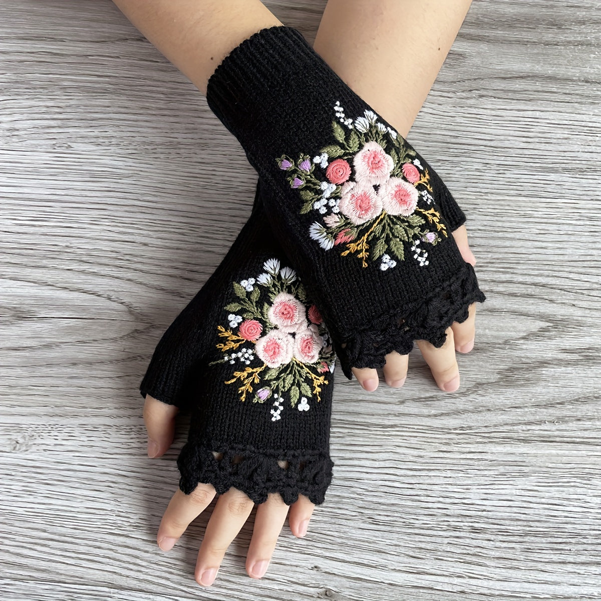 Women's Touchscreen Gloves with Retro Floral Knitted Embroidery and Hook Edge Detail