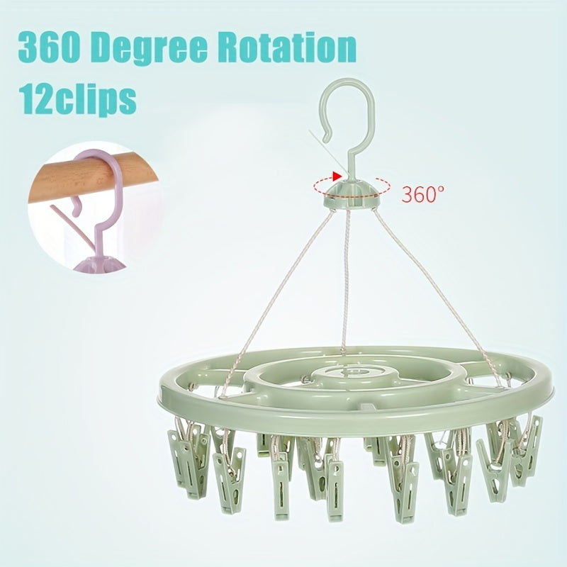 12 ta klipli dumaloq plastmassa quritish qafasi, 360° aylanish bilan, paypoq va kiyimlar uchun saqlash