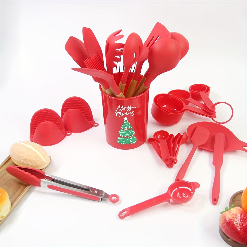 28-Piece Heat-Resistant Nonstick Kitchen Tools Set with Wooden Handles and Xmas Tree Storage Container