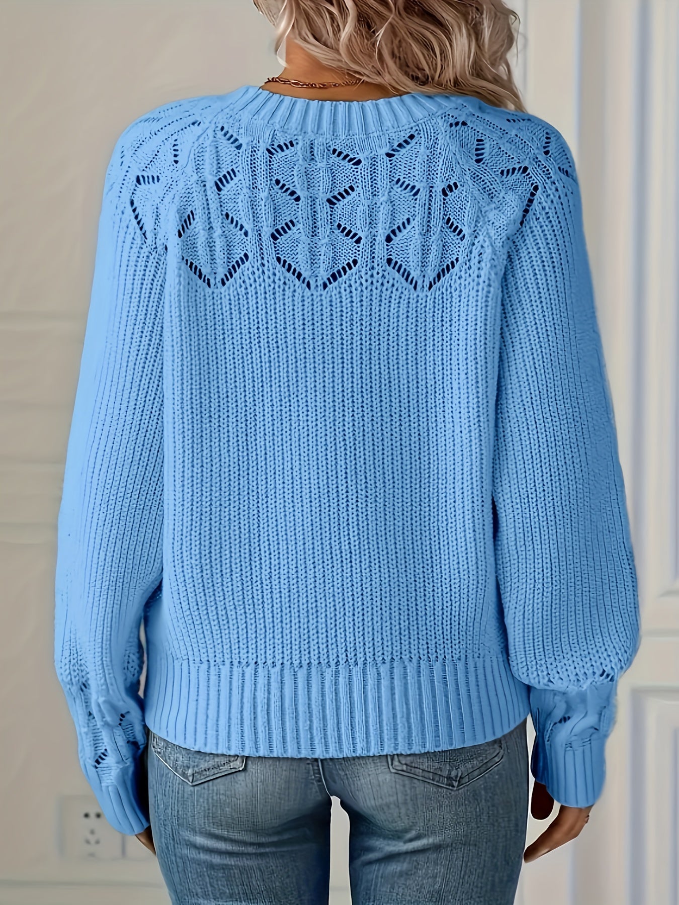 Ayollar uchun trikotaj kofta, uzun qoʻl, Raglan bo‘shliq, elastik, ochiq naqsh