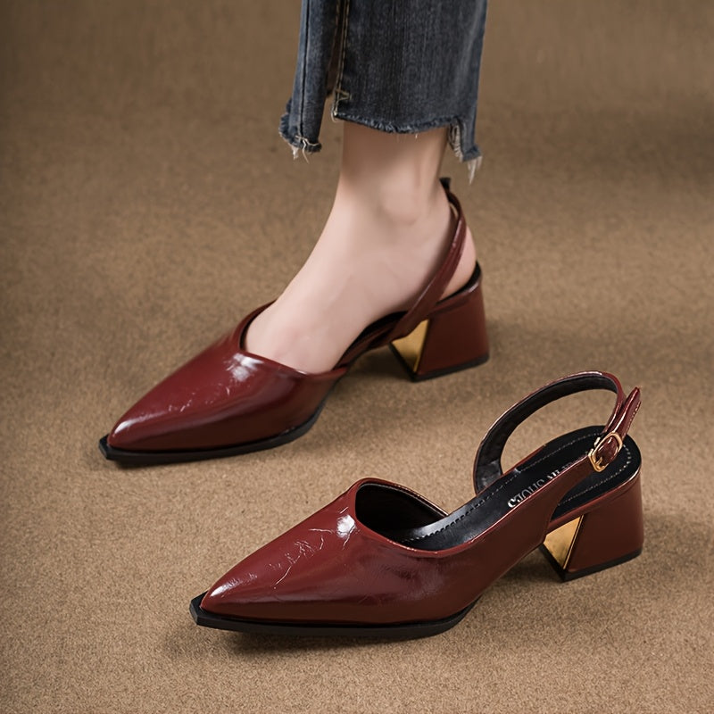 Women's Burgundy Pointed-Toe Block Heel Sandals Dress Shoes for Fall