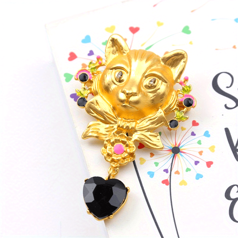 Rangli toshlar va emal bilan mushuk brosh, vintage uslub, qish va kuz aksessuari