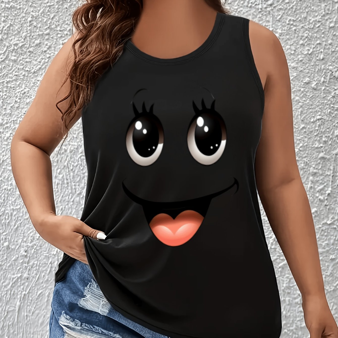 Plus Size Women Cotton Tank Top Cartoon Face Print Sleeveless Casual Summer Clothing