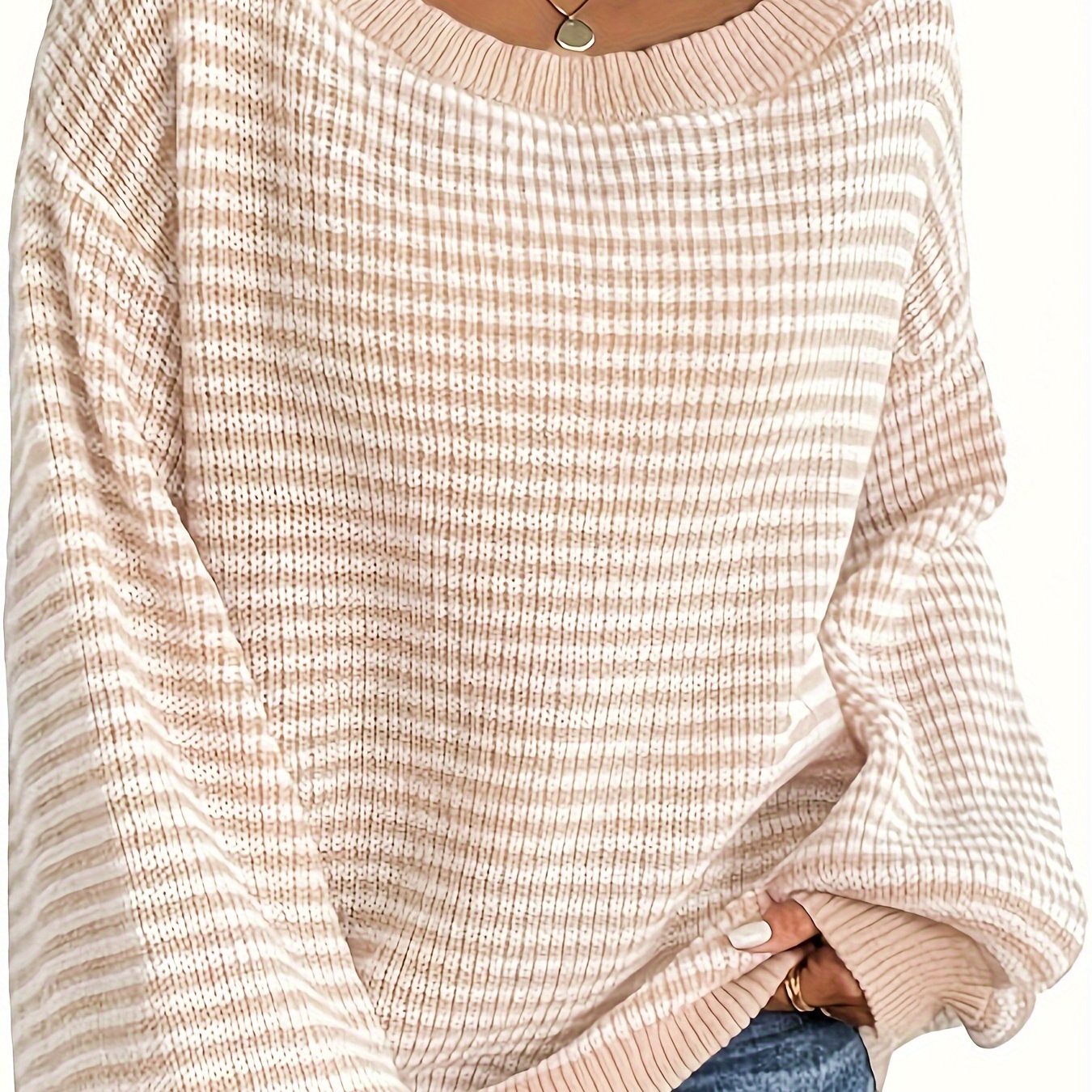 Plus Size Women's Striped Crew Neck Long Sleeve Sweater Fall Winter Casual