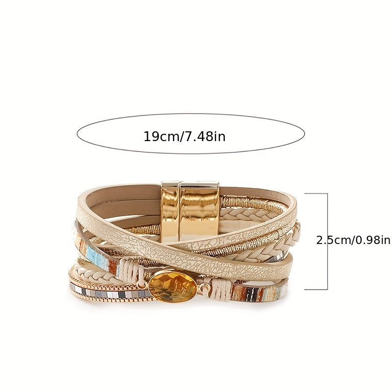 Vintage Bohemian Katta Kristall Beadli Bilaguzuk, Braided Stripes Sun'iy Charmli Qoplama va Magnet Klipsli Zargarlik