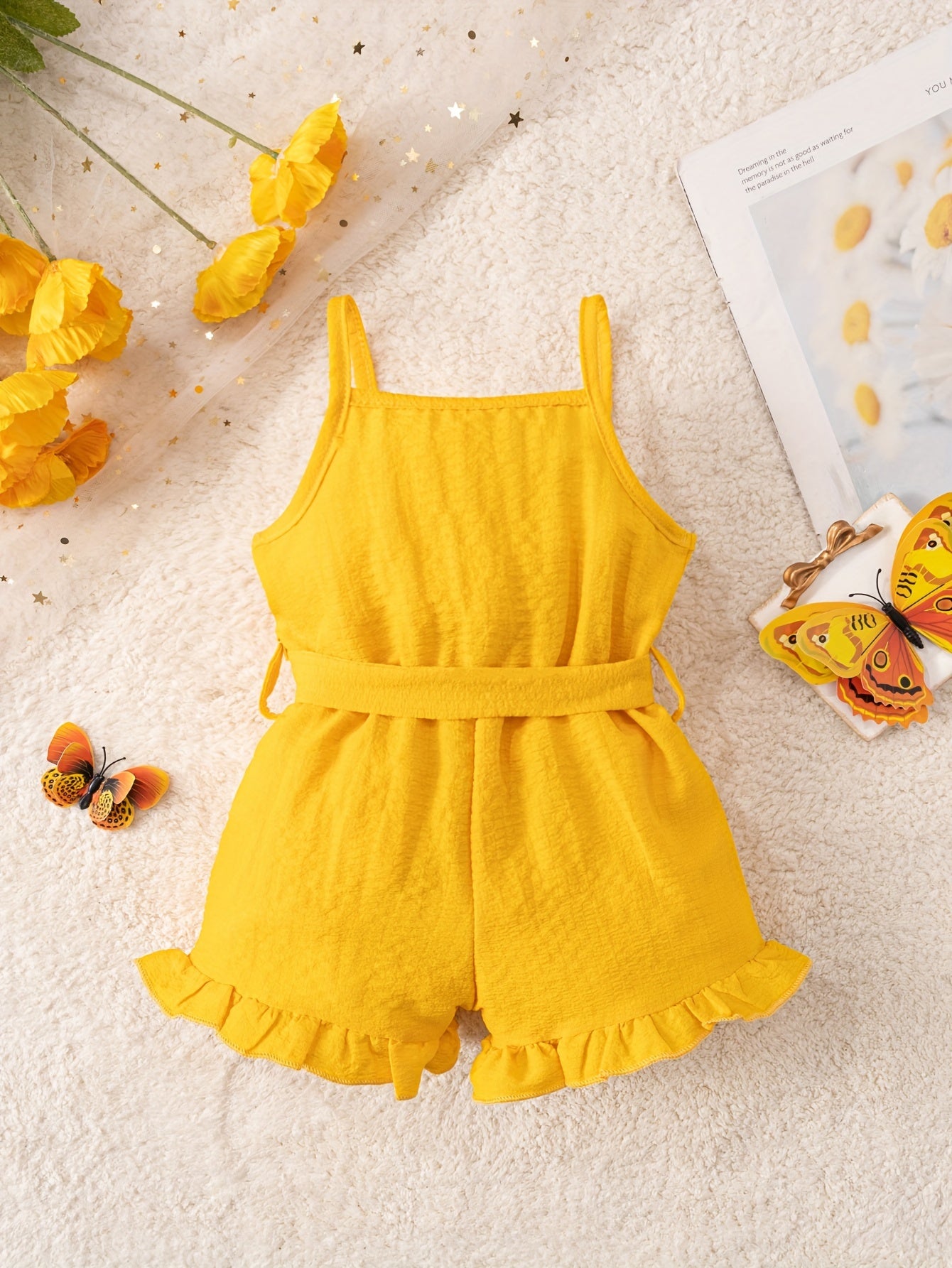 Baby Girl Bubble Romper Straps Solid Color All-Season with Belt for Toddler Learning to Walk