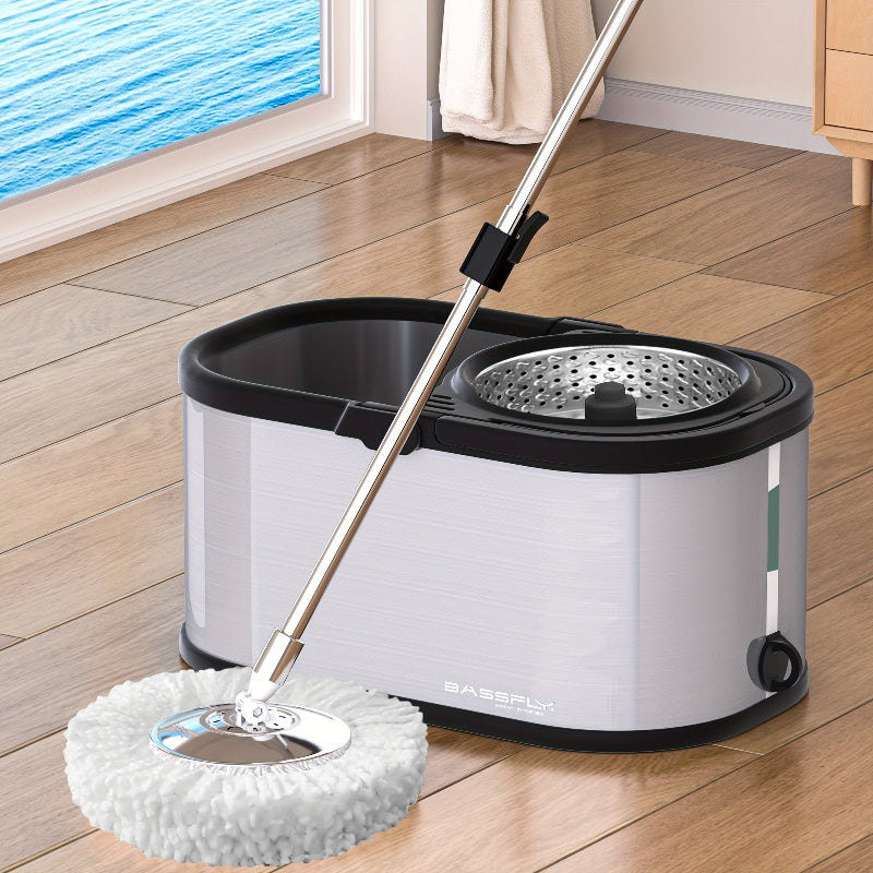 Stainless Steel Spin Mop and Bucket Set with Reusable Pads for Wet Dry Floor Cleaning