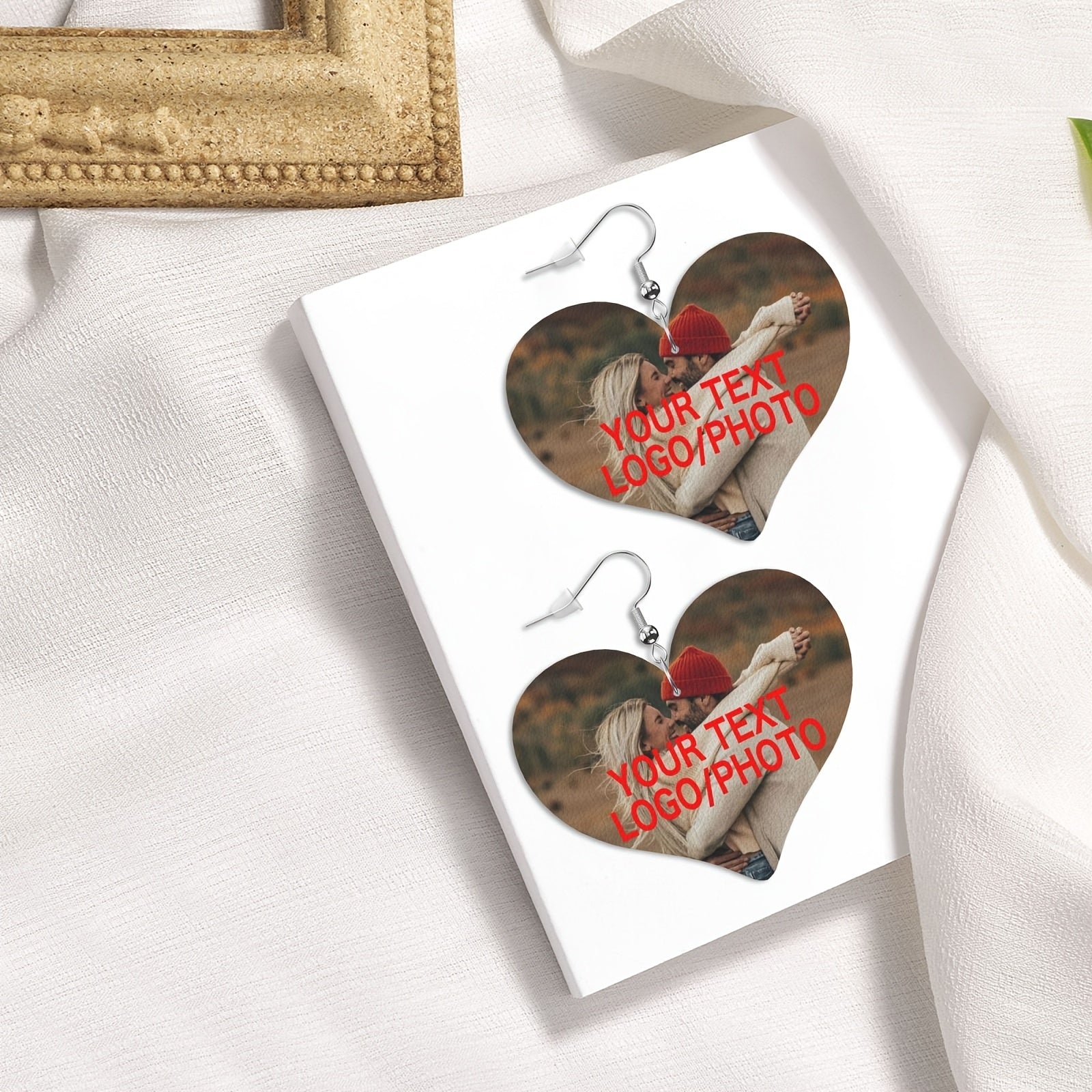 Personalized Heart-Shaped Leather Earrings with Custom Text or Photo Silver Plated Elegant Jewelry