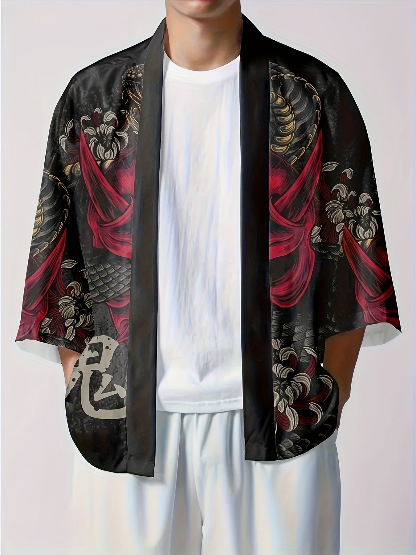 Men's Japanese Kimono Shirt Summer Streetwear Ghost Snake Pattern Three-Quarter Sleeves Open Placket