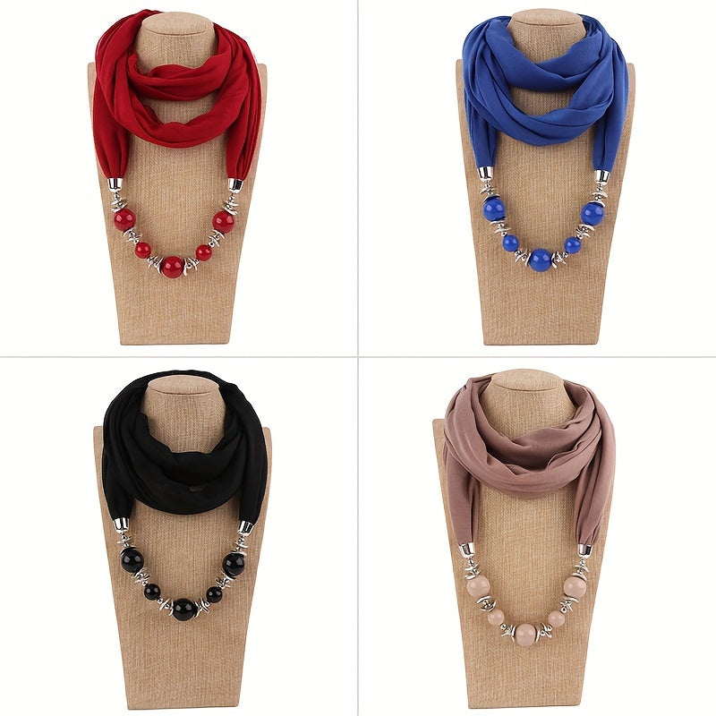 Women's Solid Color Infinity Scarf with Beaded Jewelry Necklace and Head Wrap
