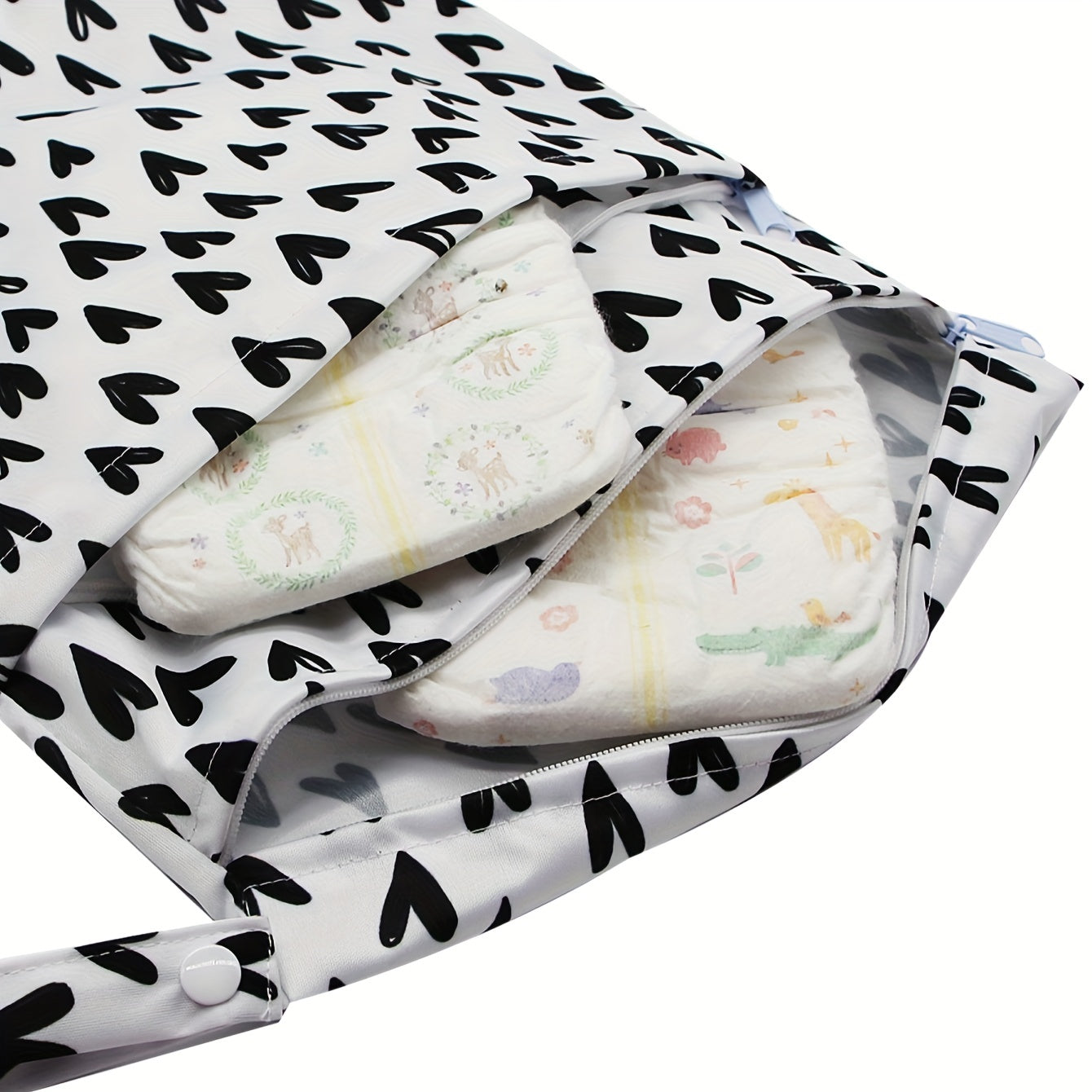 Black Hearts Waterproof Diaper Bag with 2 Zippered Pockets and Handle