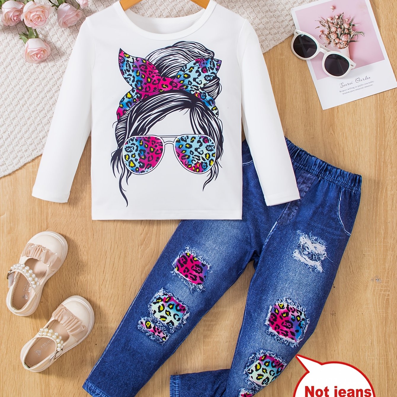 Girls' 2-Piece Spring and Autumn Set Long-Sleeved Top and Pants Digital Face Print