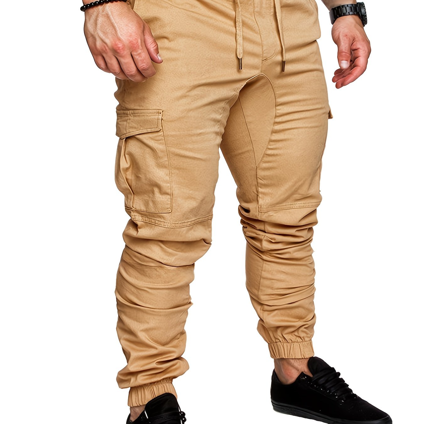 Men's Cotton Cargo Pants Solid Color Regular Fit Non-Stretch All-Season Drawstring Waist