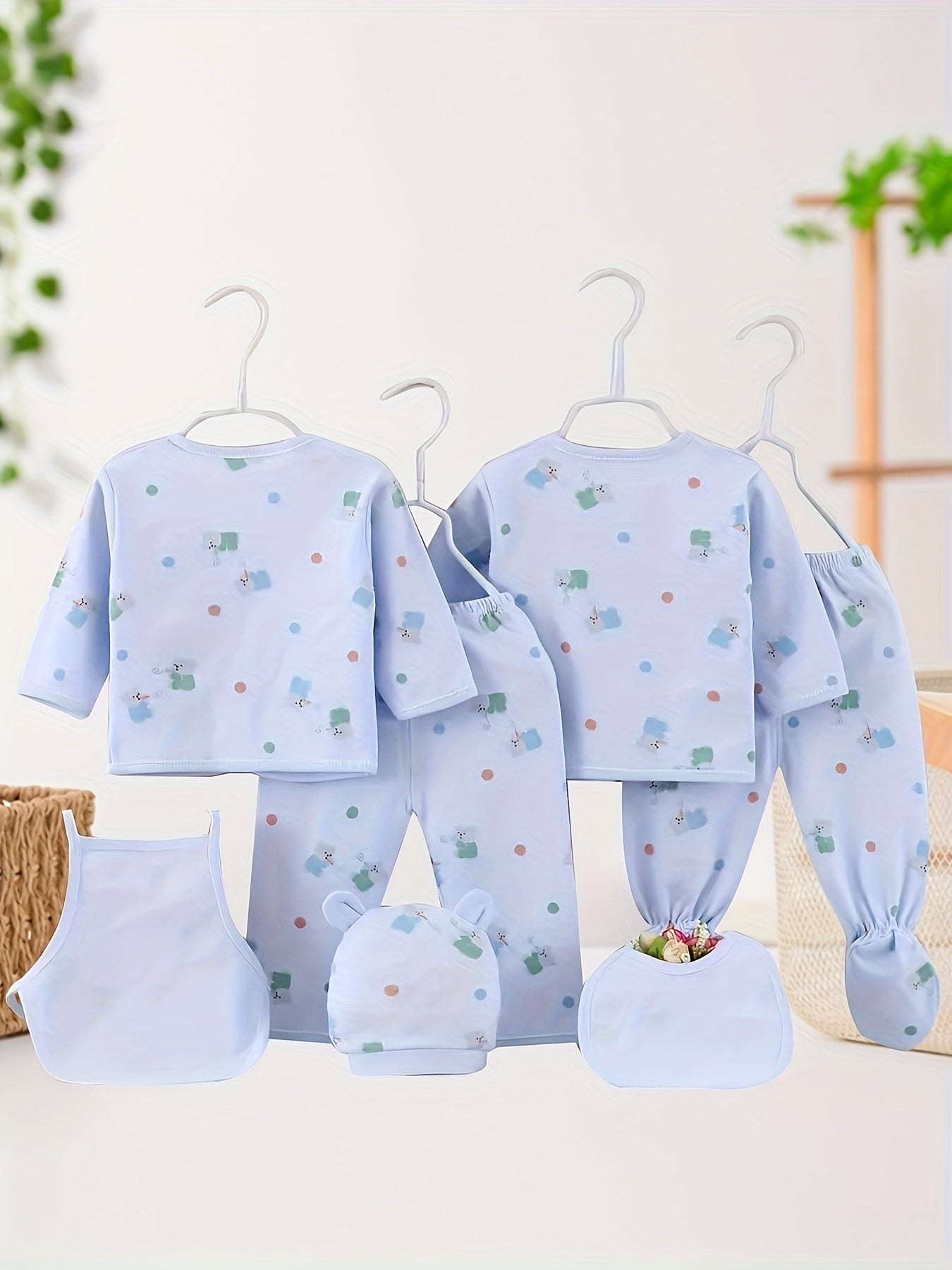 Baby Girl Cotton Clothing Set 7-Piece with Bear and Rabbit Cartoon All Over Print