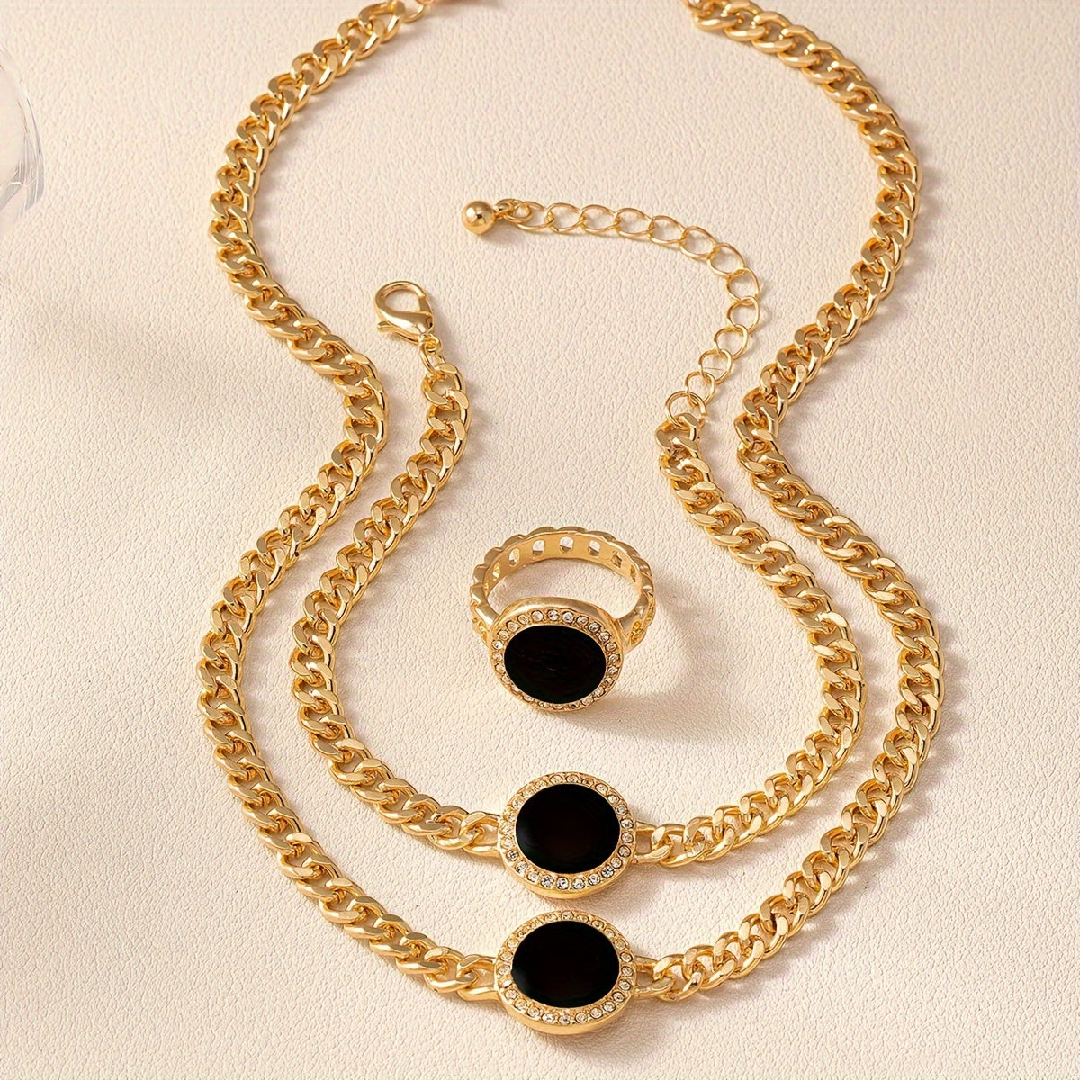 Black Circular Jewelry Set Necklace Ring Bracelet 3-Piece Stylish Accessories
