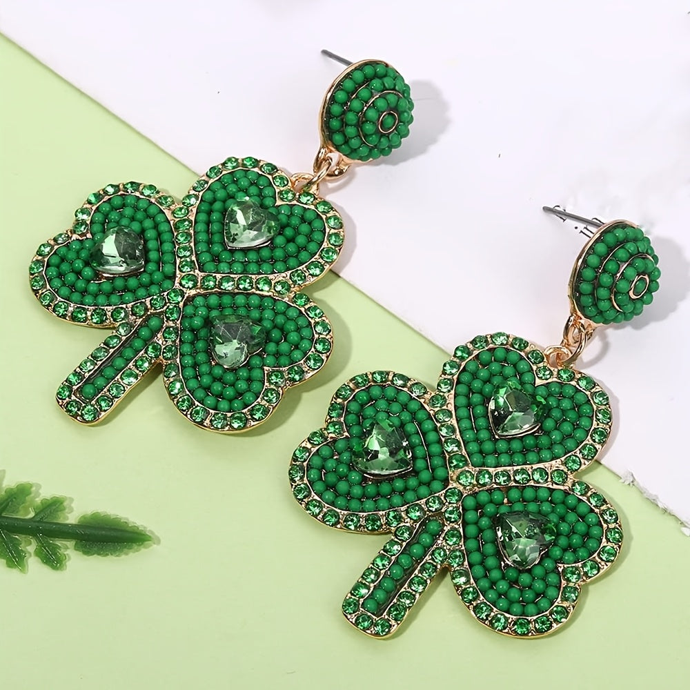 Green Clover Earrings for Women Beaded Rhinestones St. Patrick's Day Jewelry