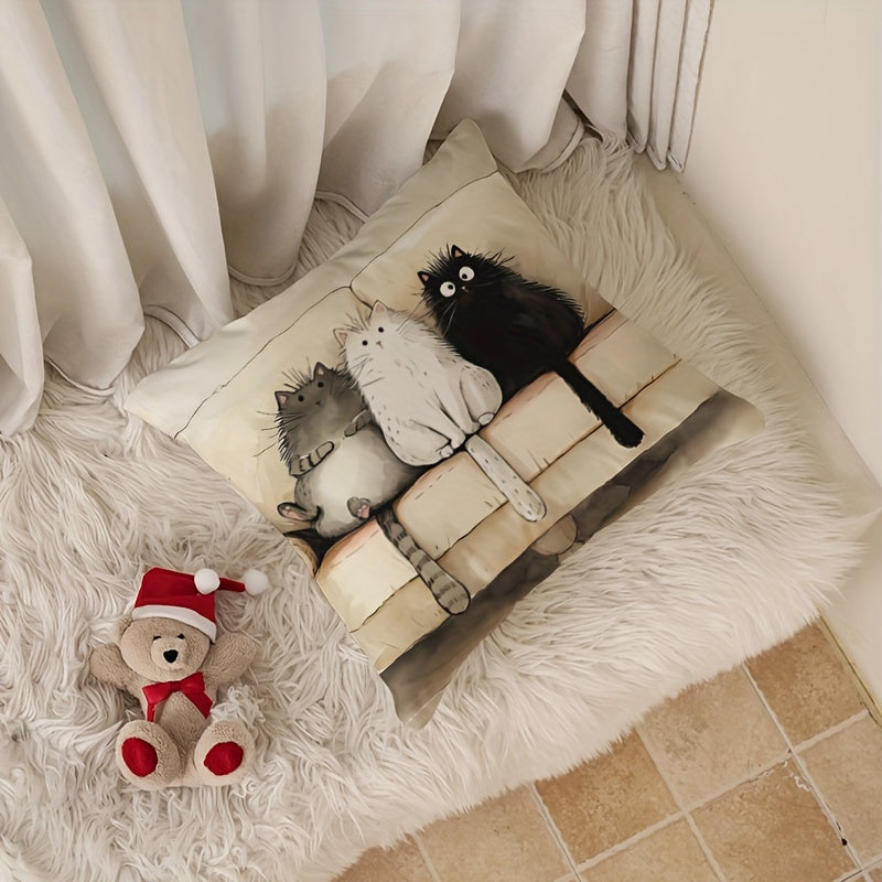 Cartoon Cat Print Linen Throw Pillow Cover 44.96cm x 44.96cm Zipper Closure Woven Polyester Decorative Cushion for Sofa Bedroom
