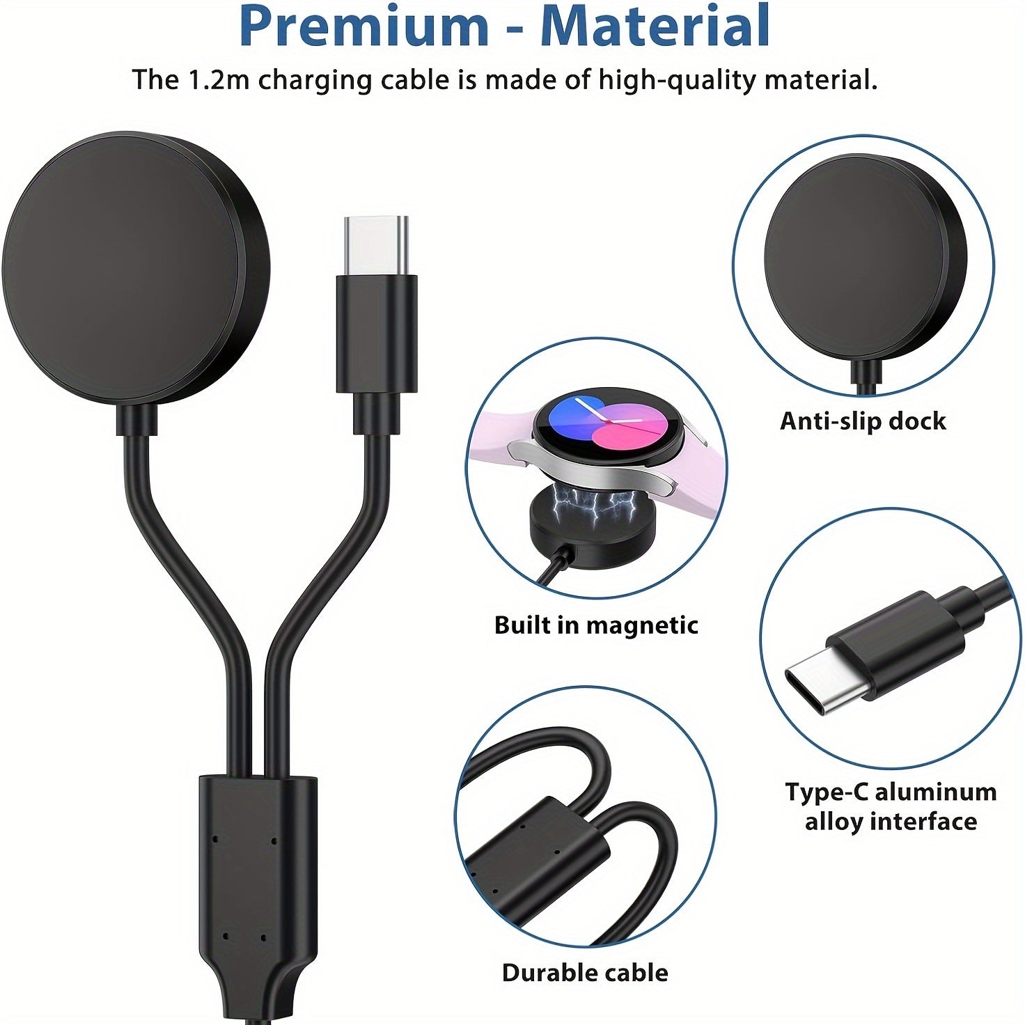 USB Charging Cable for Samsung Galaxy Watch Active 1/2/3/4/5/6 and C Phone 1.2m Black