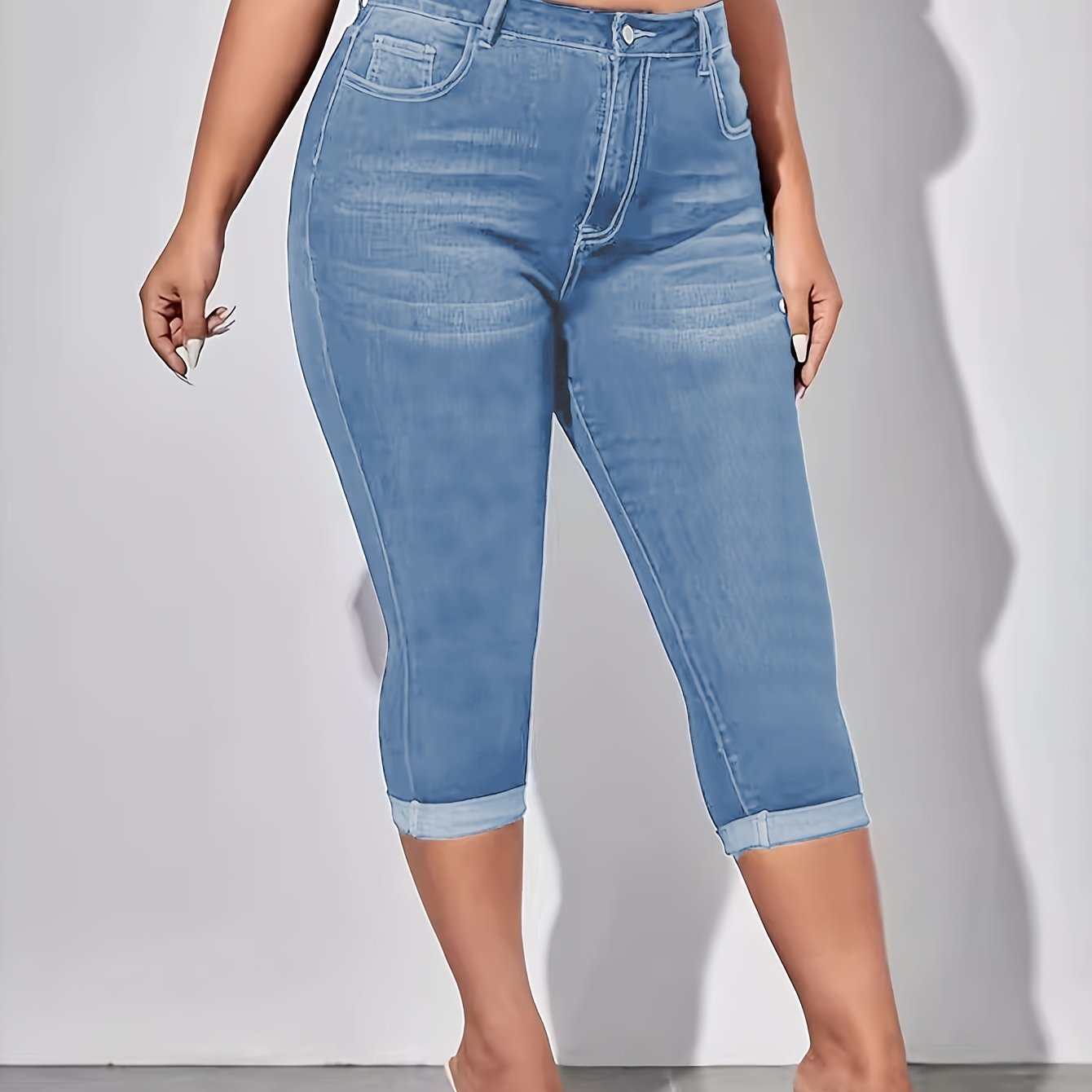 Jeans de mezclilla azul elásticos de talla grande para mujer, de tiro alto y ajuste delgado