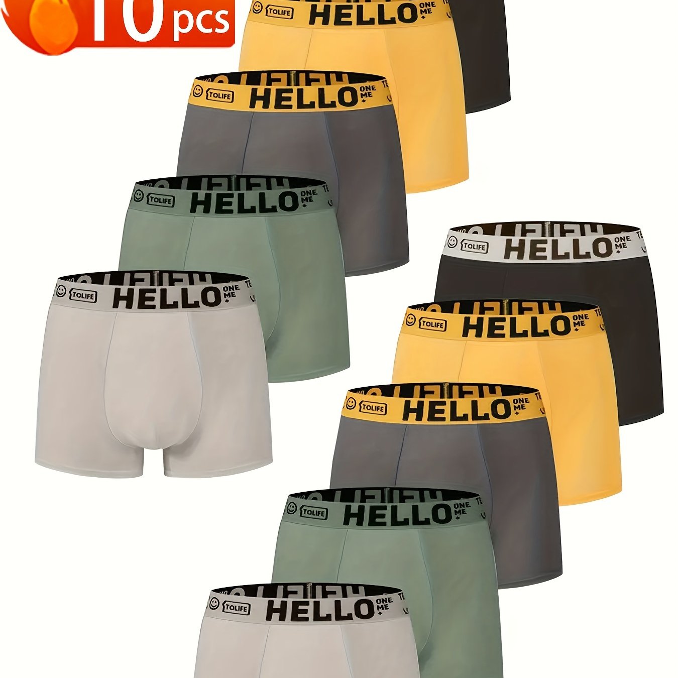 10 ta erkaklar uchun "HELLO" bokser shortlari, 95% polyester va 5% spandeksdan tayyorlangan, yuqori cho'ziluvchan to'qima bilan bir rangda. O'ziga xos va qulay, kundalik kiyish uchun.