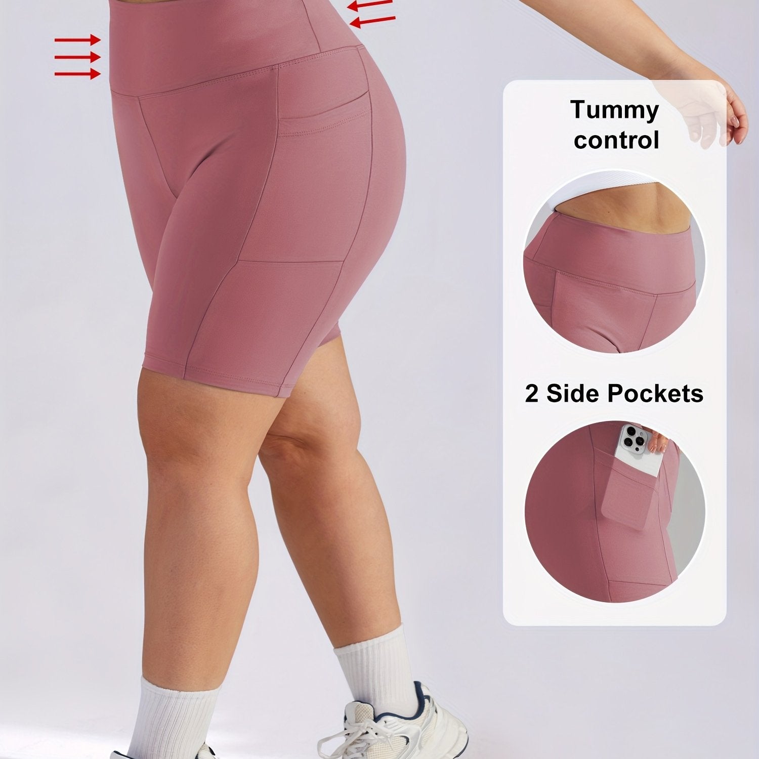 Plus Size Women's High-Waisted Tummy Control Workout Shorts with Pockets