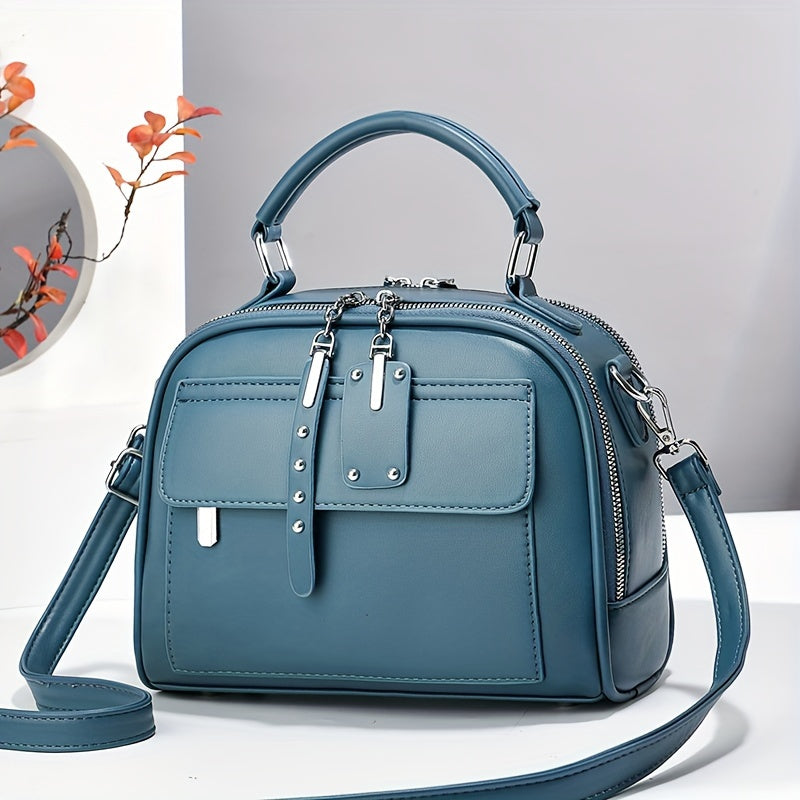 Women's Black PU Casual Shoulder Bag with Zipper Closure and Polyester Lining