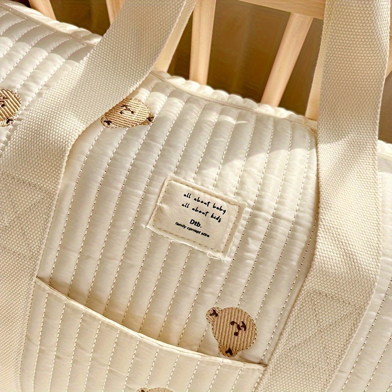 Large Capacity Storage Bag with Embroidered Bear Design for Travel and Organization