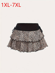 Falda de tamaño grande para mujer con estampado de leopardo, en capas con volantes, negra y blanca, de poliéster