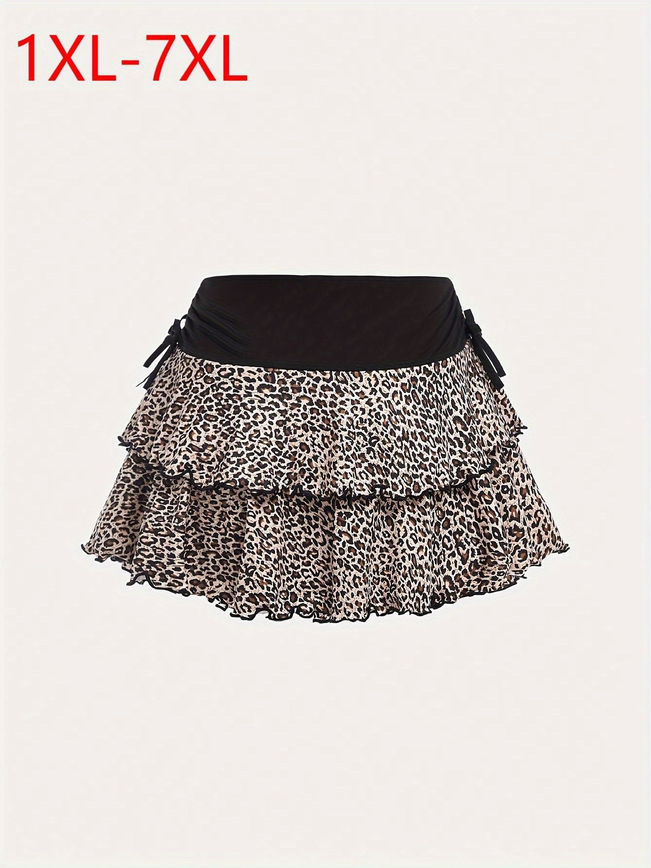 Falda de tamaño grande para mujer con estampado de leopardo, en capas con volantes, negra y blanca, de poliéster