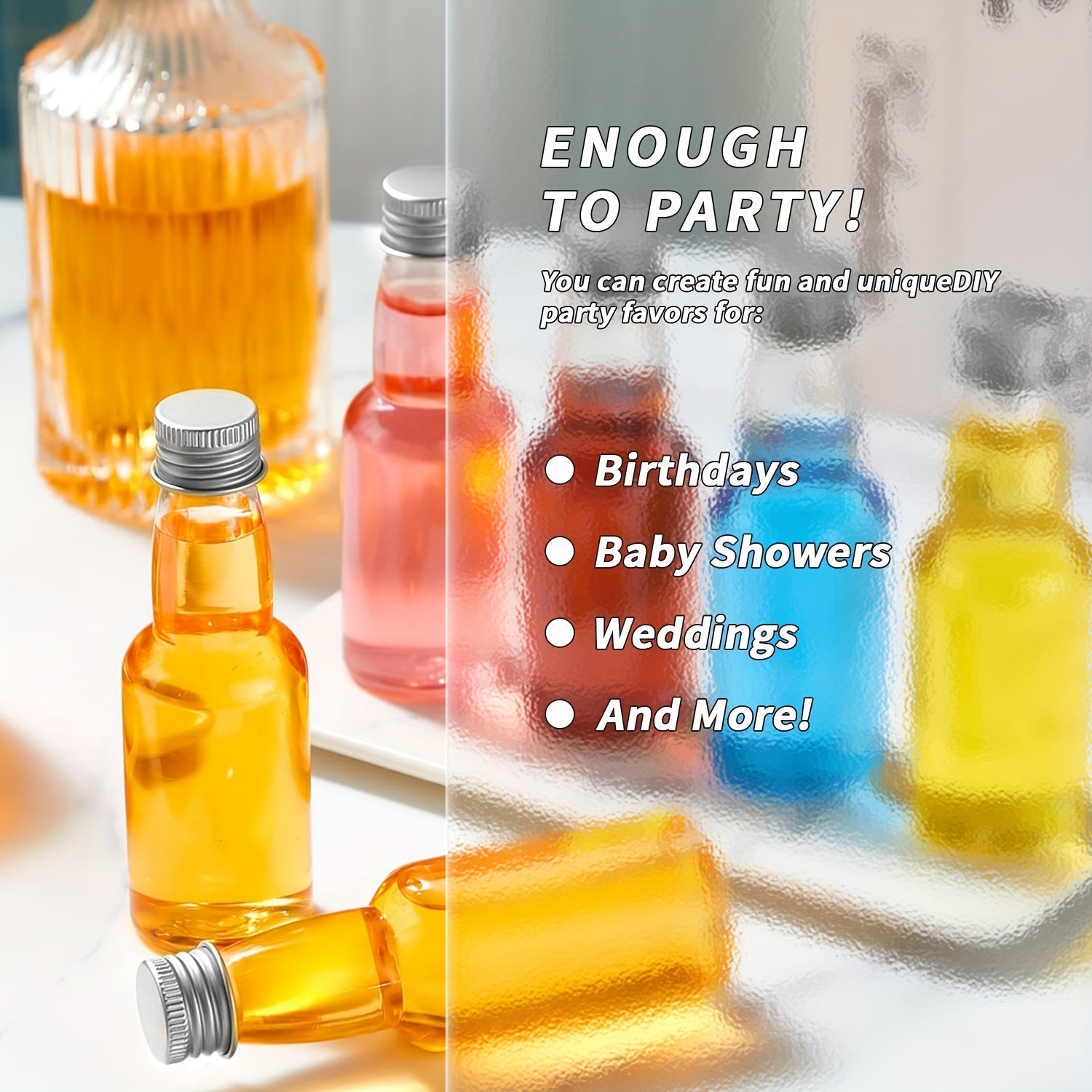 60ml/100ml/150ml oʻlchamdagi 24 ta mini boʻsh butilkalar toʻplami, PET plastmassadan tayyorlangan, qayta foydalanish mumkin boʻlgan qopqoqli va voronkali sharbat idishlari, oshxona uchun zarur jihozlar va aksessuarlar