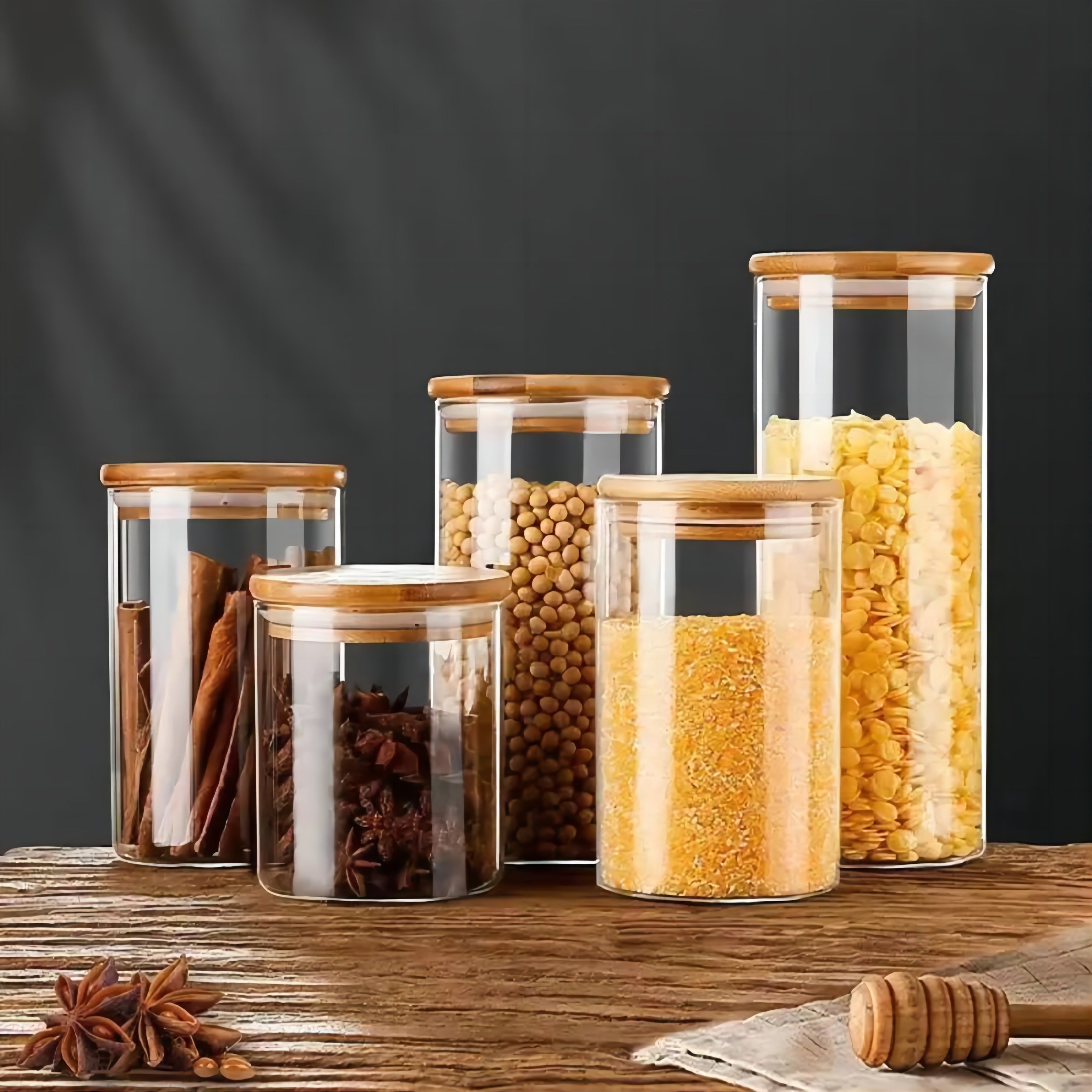 Set of 5 Glass Food Storage Jars with Bamboo Lids, Airtight, Large Capacity