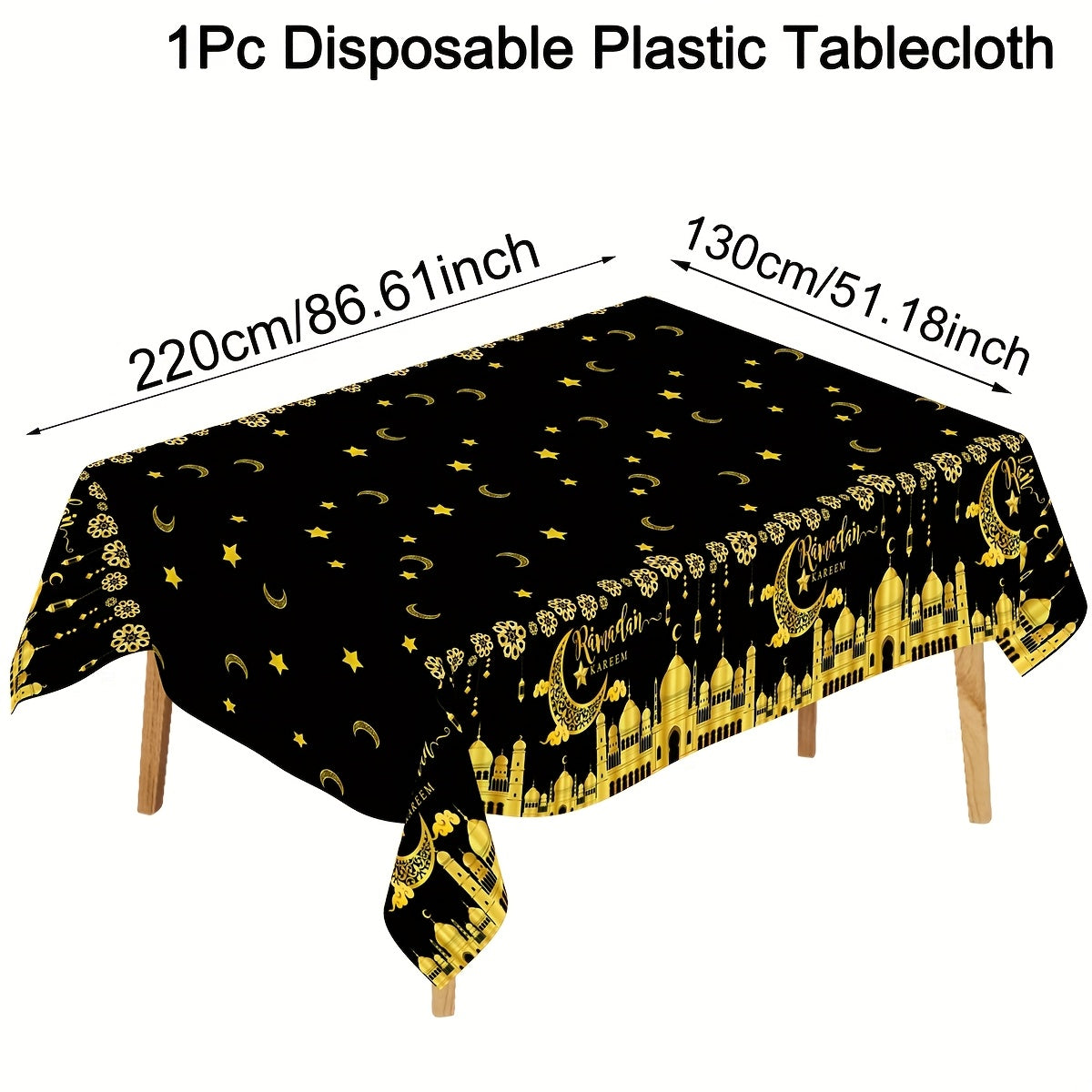 Black and White Plastic Eid Mubarak Tablecloth with Castle Moon and Star Lantern Design for Ramadan and Eid