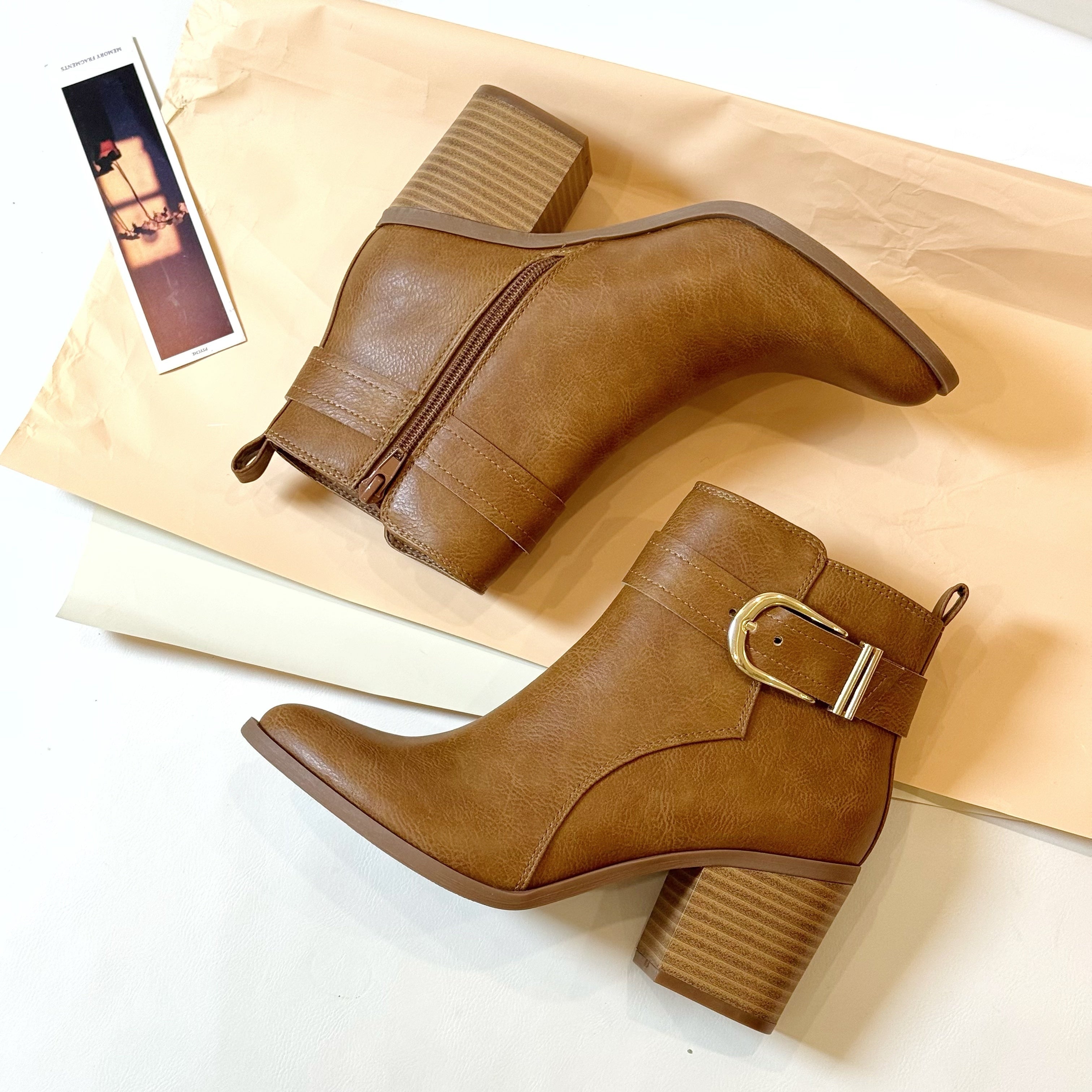 Women's Faux Leather Ankle Boots with Chunky Heel and Pointed Toe