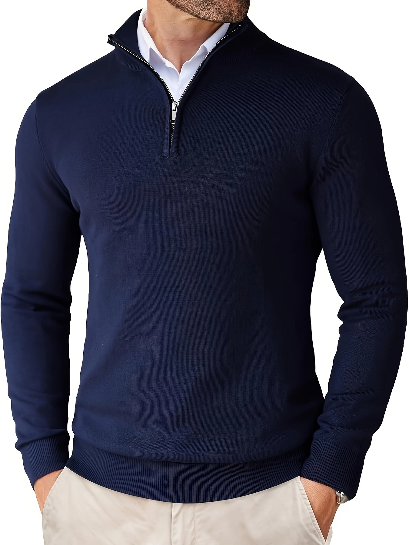 Men's Solid Knitted Pullover with Half Zipper Casual Long Sleeve Sweater for Outdoor Wear