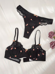 Women's Floral Print Lace Push-Up Bra Set with Thong Lingerie