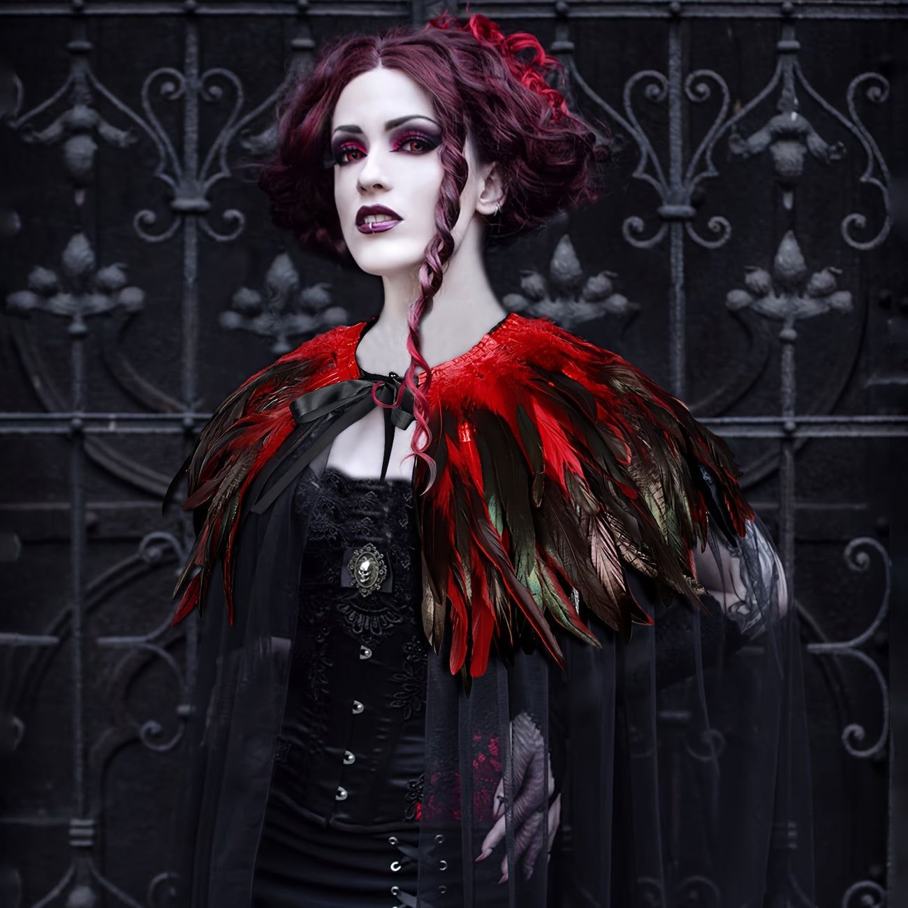 Evil Queen Witch Costume for Women with Feathered Cape Long Robe and Shawl