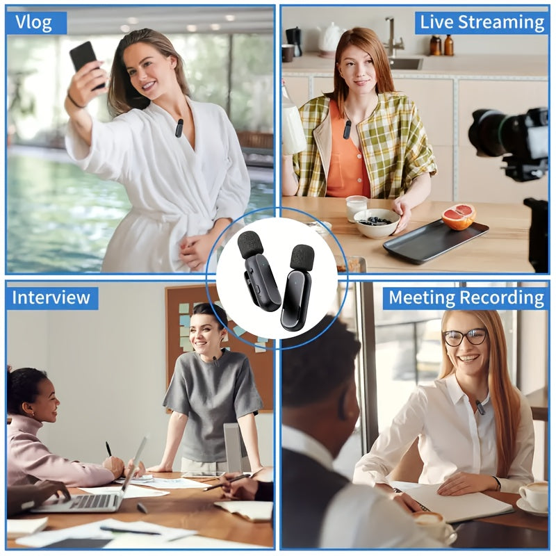 Wireless Lavalier Microphones 2 Pack Noise Cancelling for Android iPhone iPad