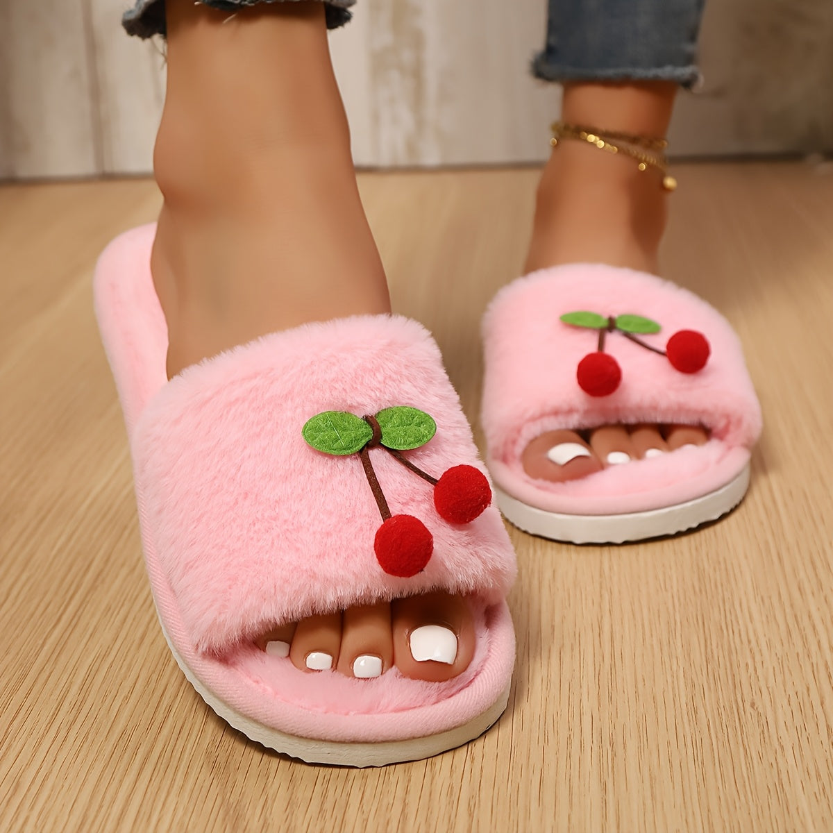 Women's Cherry Slip-On Indoor Slippers Soft Sole Lightweight Comfortable