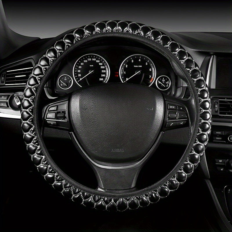 Embroidered Faux Leather Steering Wheel Cover Universal Fit Anti-Slip Durable Car Accessory