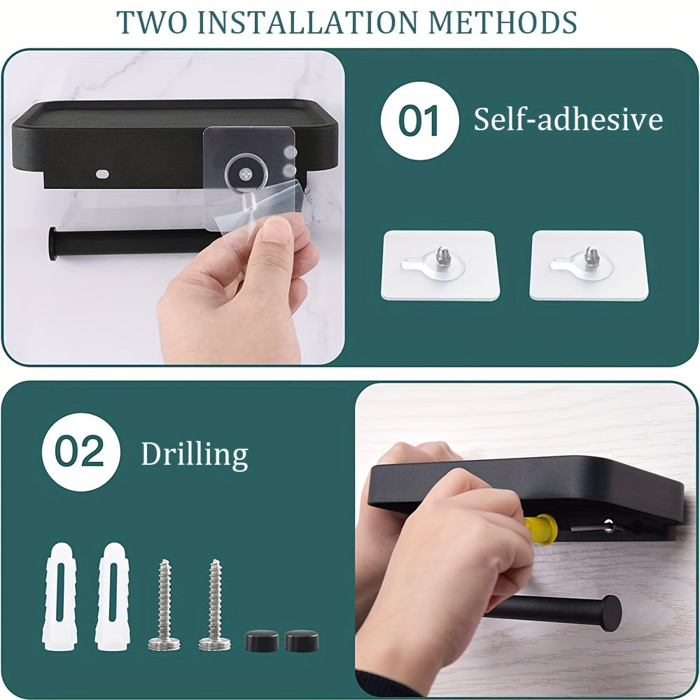 Soporte de papel higiénico de acero inoxidable de montaje en pared con estante para teléfono accesorio de baño negro