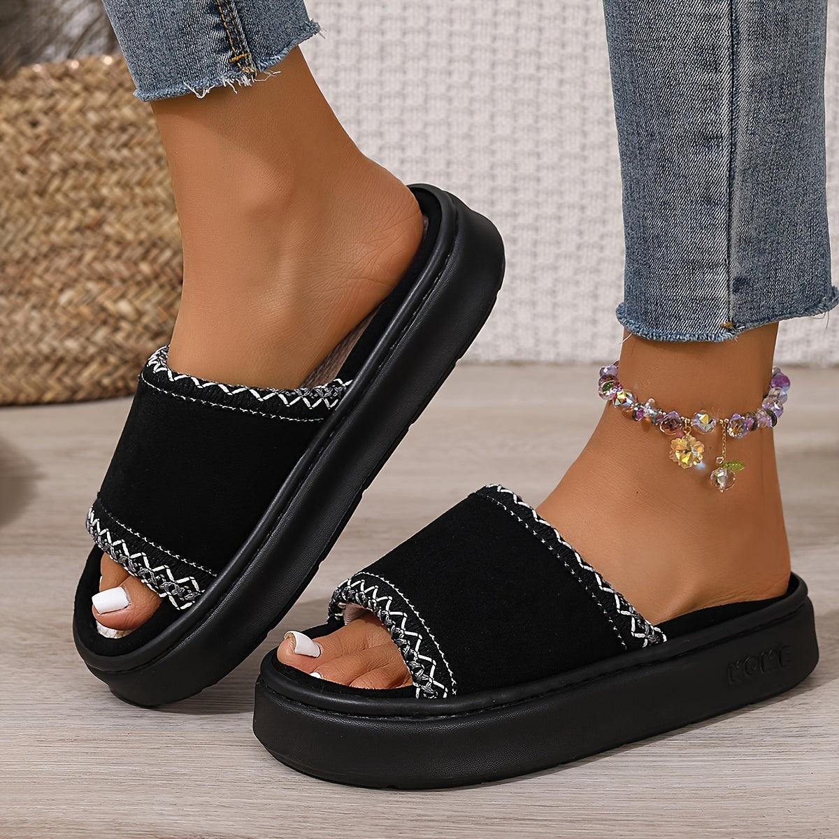 Plus-Size Women's Plush-Lined Winter Open-Toe Slippers Indoor Footwear