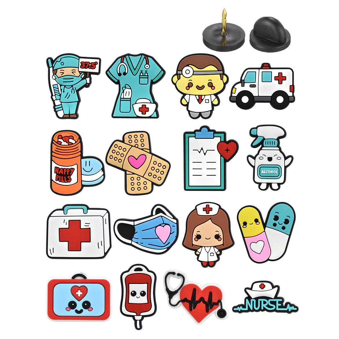 Set of 16 Plastic Pins with Medical Pattern for DIY Clothing Accessories