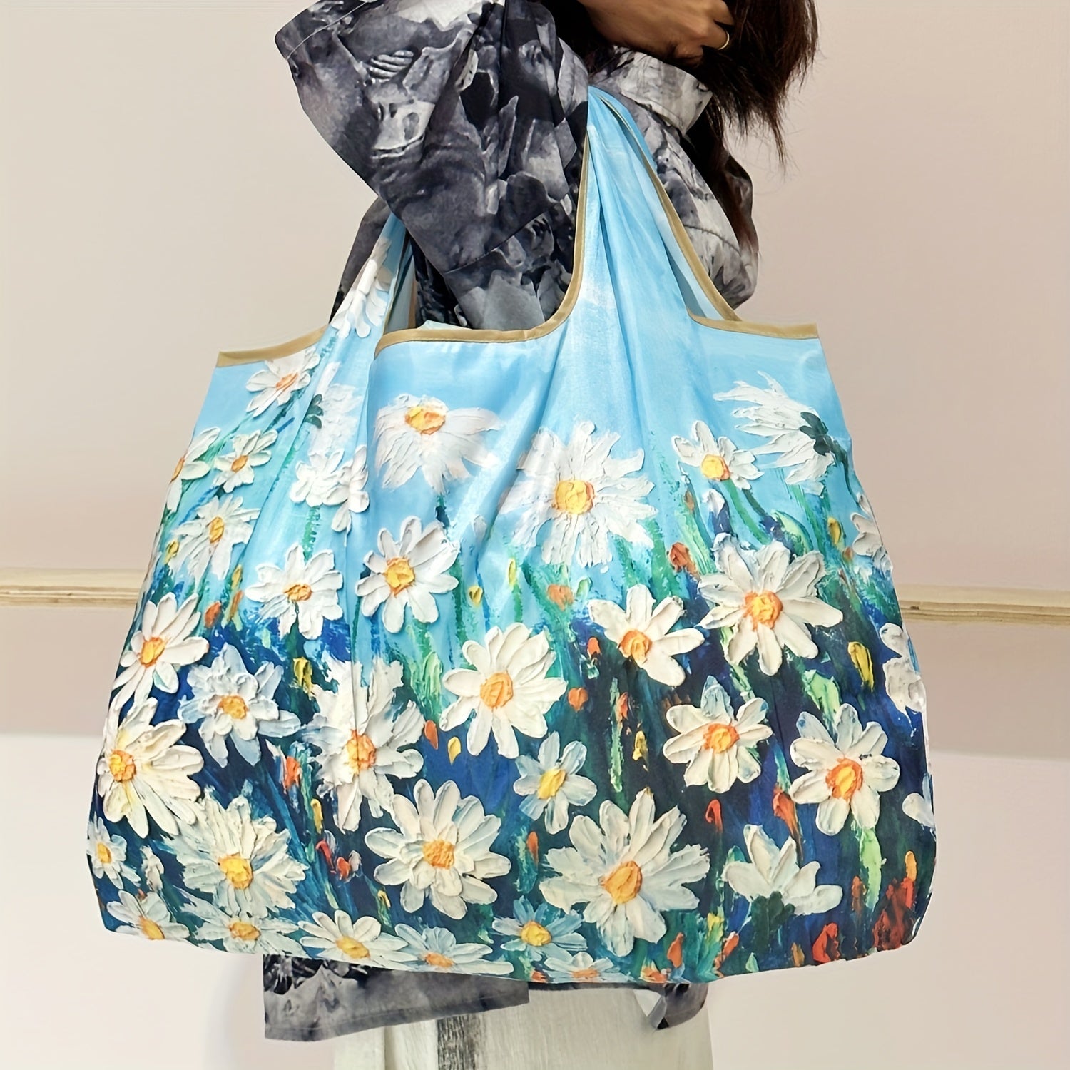 Reusable Foldable Grocery Tote Bag with Flower Oil Painting Pattern and Machine Washable