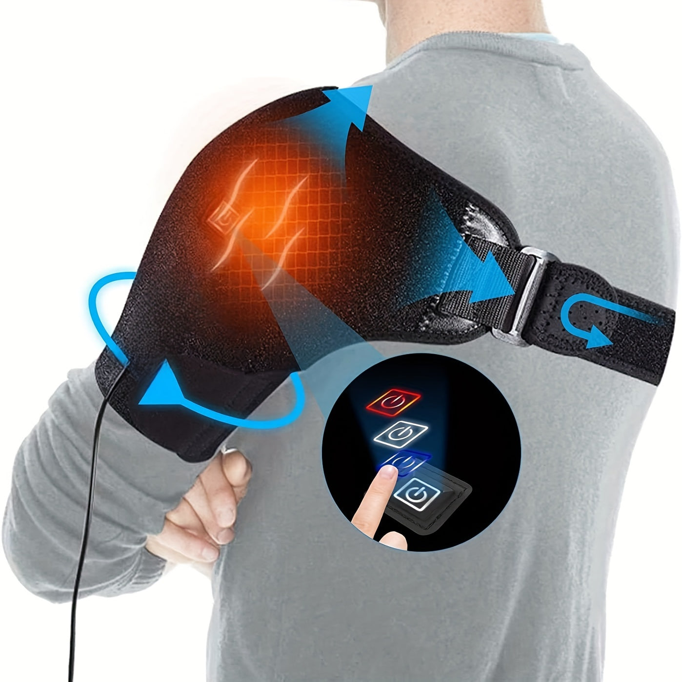 USB quvvatlangan isitiladigan yelka va tirsak massaj qiluvchi tayanch, tinchlantiruvchi issiqlik yostiqchasi, past voltli ishlash, nafas oladigan to'r mato va sozlanadigan tasma bilan.