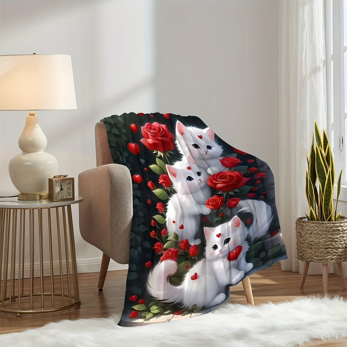 Rose Cat Flannel Throw Blanket Soft Polyester All-Season Cozy Couch Car Office Picnic Camping