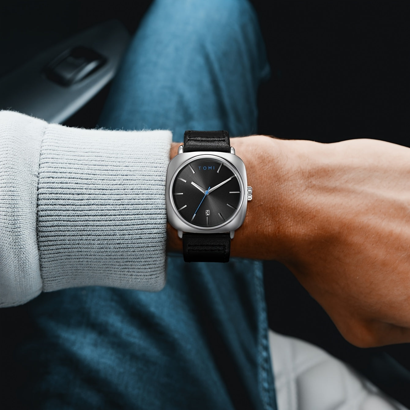 Reloj de calendario de placa grande cuadrada para hombre con caja de aleación de zinc y correa de cuero PU