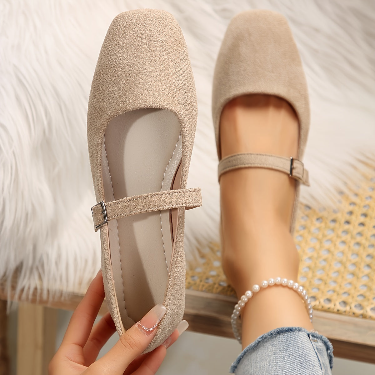 Women's Velvet Flat Loafers with Square Toe Buckle Strap All-Season