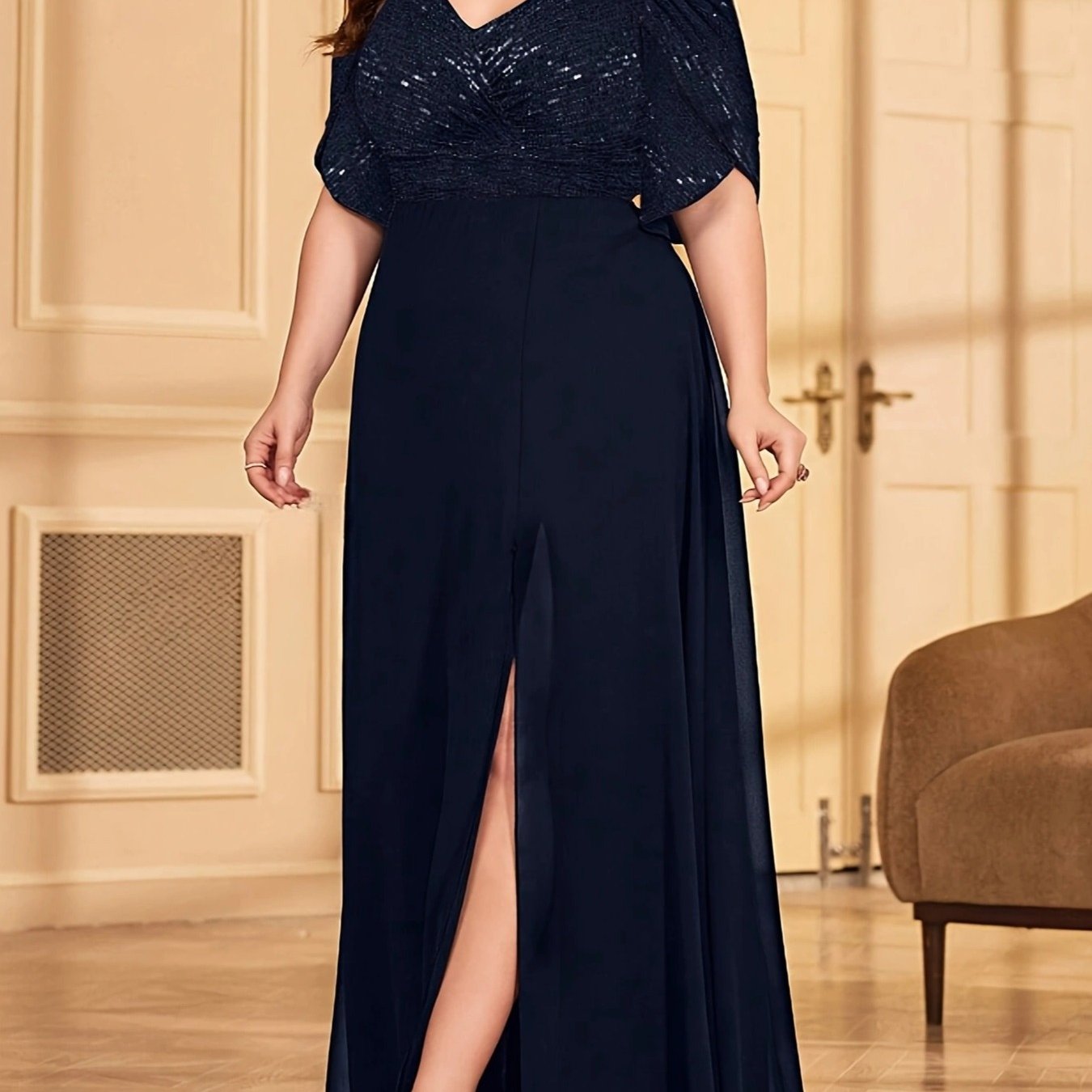 Plus Size Women's Sequin Evening Gown for Mother of the Bride Elegant Dress