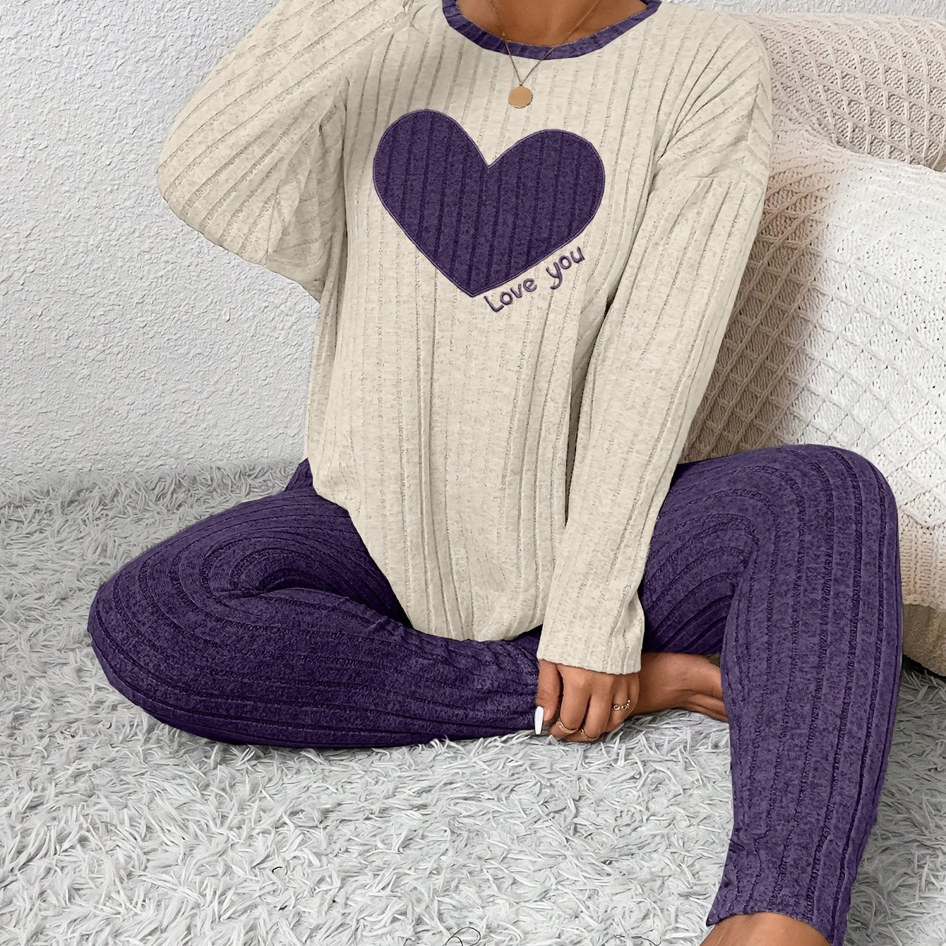 Plus Size Heart Fitted Long Sleeve and Long Pants Loungewear Set