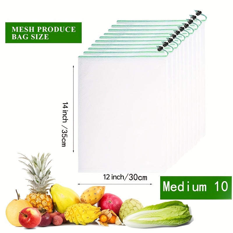 Juego de 10 bolsas de malla reutilizables para frutas y verduras lavables y transparentes
